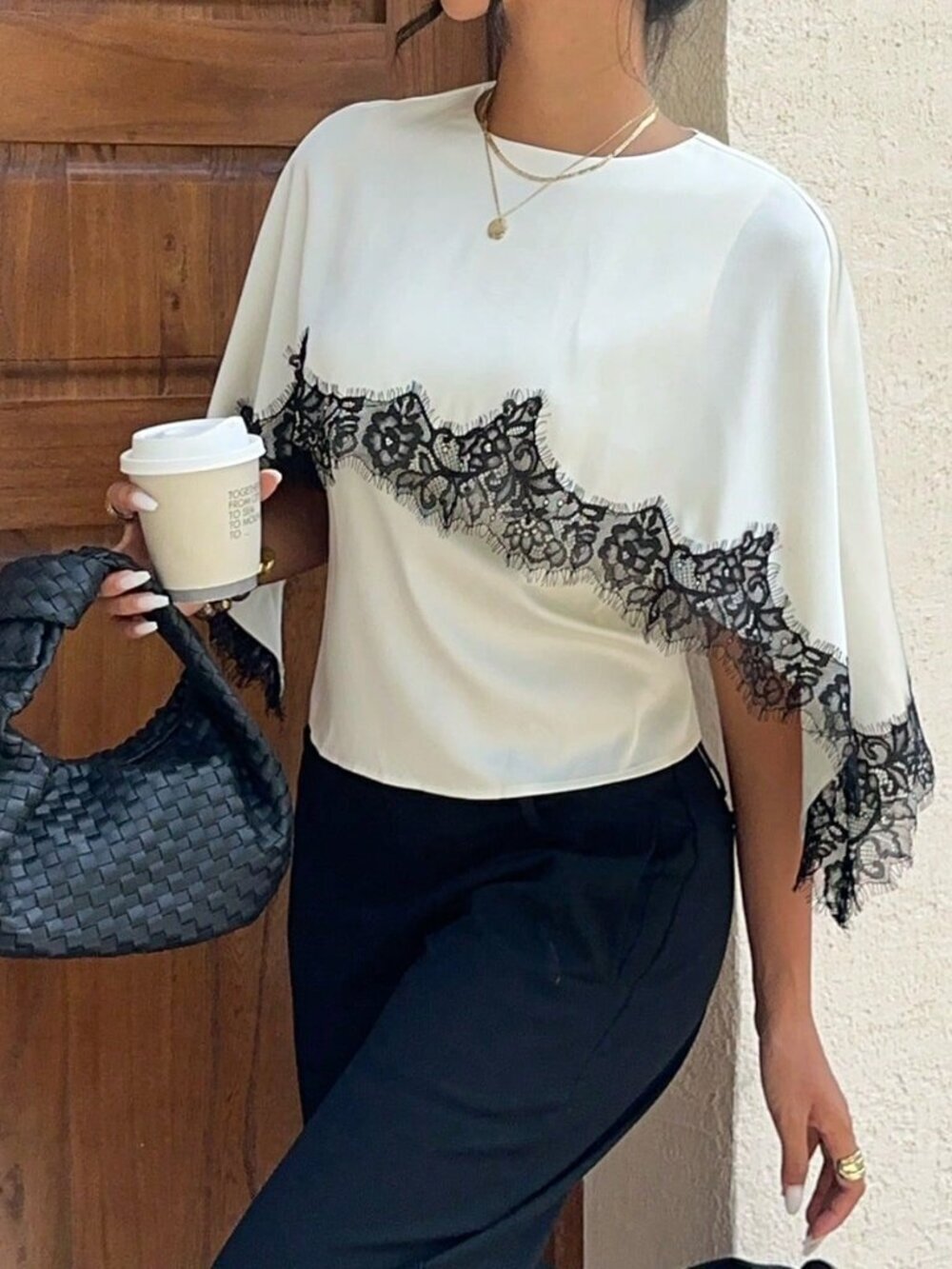 Apricot Casual Women's Elegant Lace Patchwork Batwing Sleeve Blouse